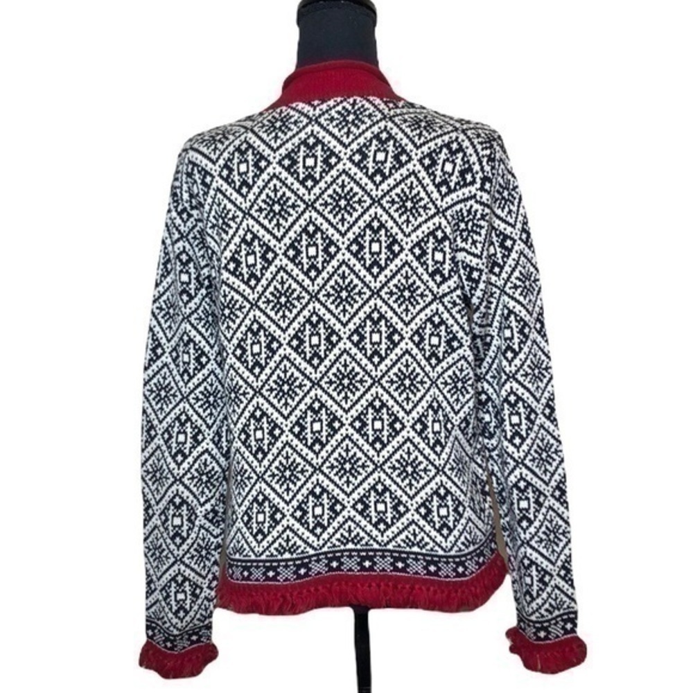 Talbots Black and White Nordic Fair Isle Snowflake Sweater with Red Fringe Small - Picture 9 of 9